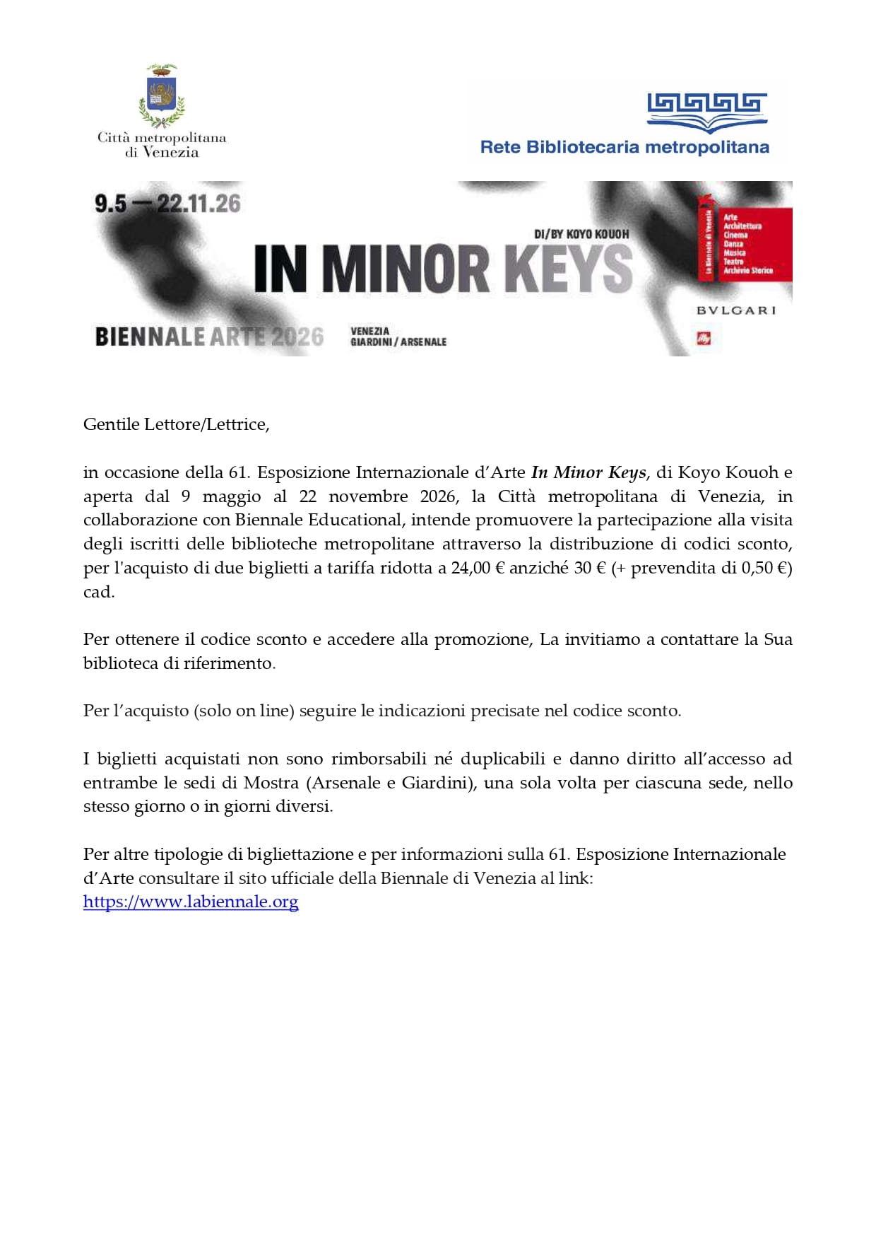 Codici sconto biennale Arte 2026