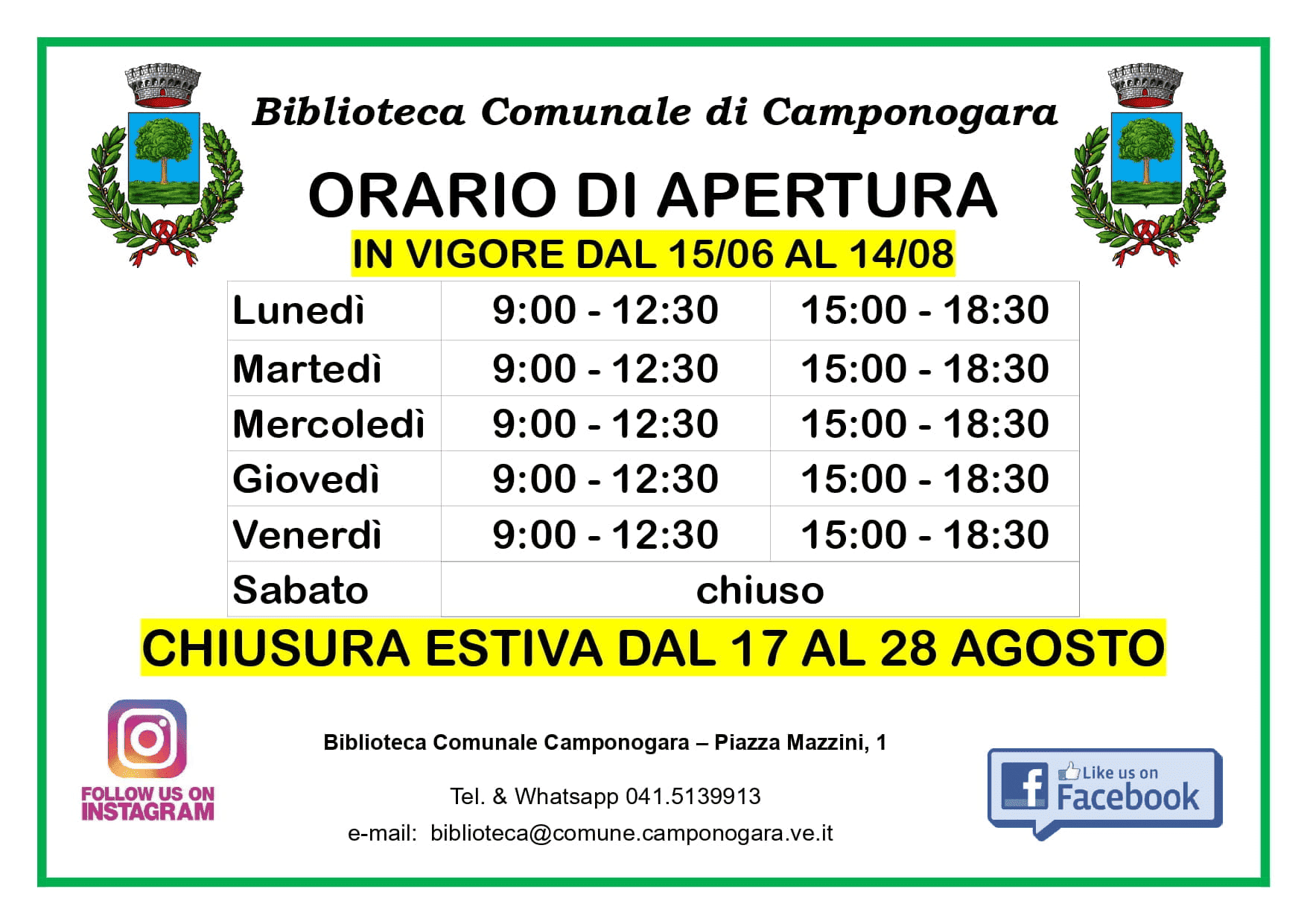 Orario estivo in vigore dal 15 giugno al 14 agosto